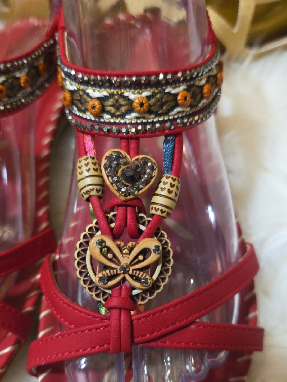 Women's Red Embellished T-Strap Sandals with Wooden Accents - Picture 3 of 8